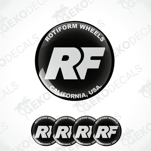 A set of four black vinyl stickers with the ROTIFORM Wheels logo in white. The stickers have a polyurethane coating and are designed in California, USA.