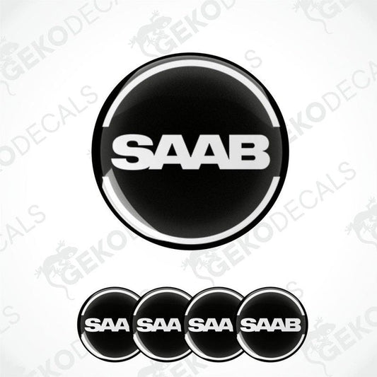 A set of four black and white vinyl stickers with the word 'SAAB' printed on them.