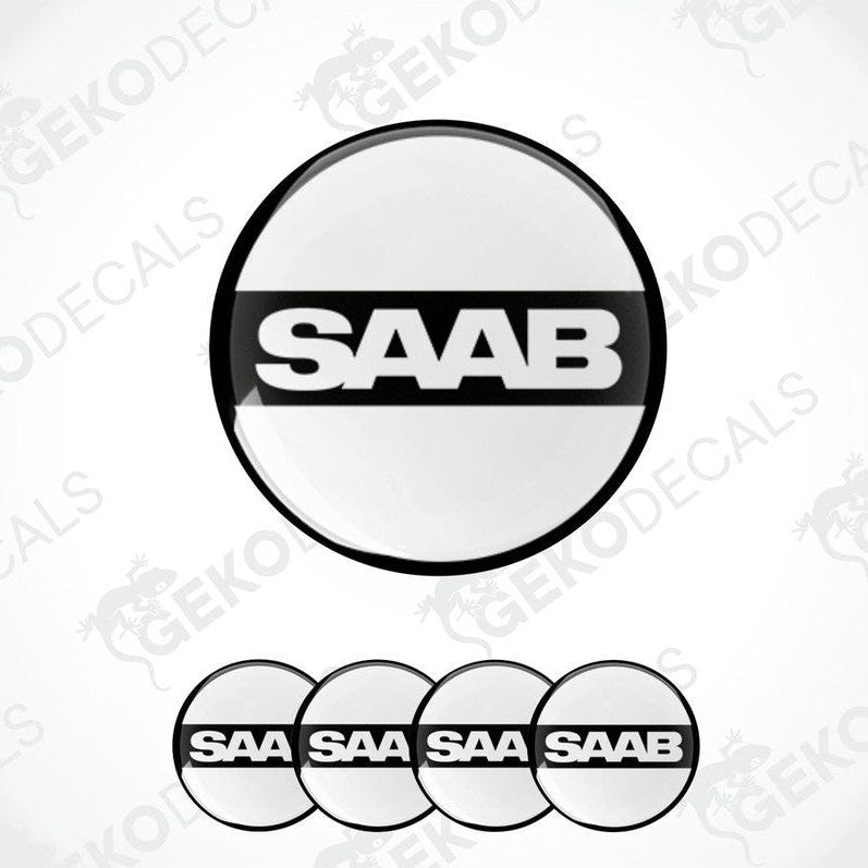A set of four vinyl decals with polyurethane coating, featuring the SAAB brand logo in black and white.