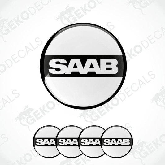 A set of four vinyl decals with polyurethane coating, featuring the SAAB brand logo in black and white.