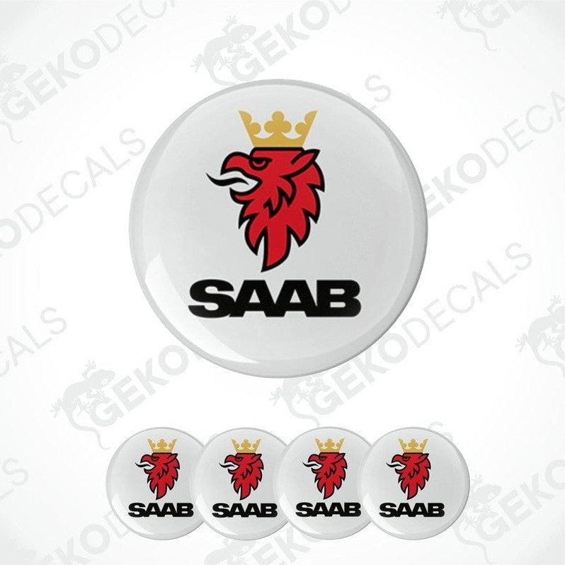 A set of four WHITE vinyl stickers with a red and BLACK 'SAAB' logo design.