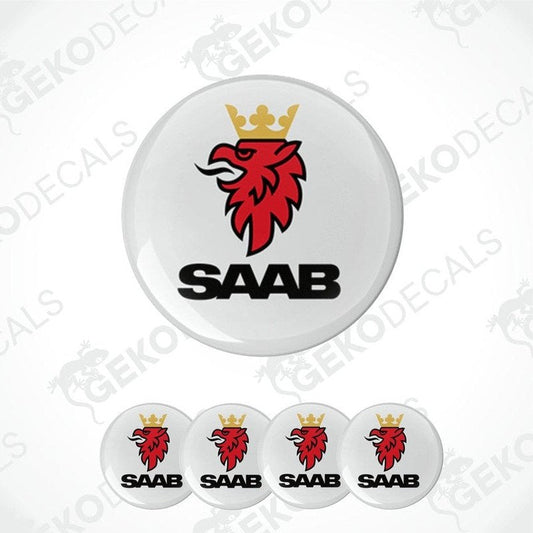 A set of four WHITE vinyl stickers with a red and BLACK 'SAAB' logo design.