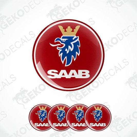 A set of four red, blue, and white car decals featuring the SAAB logo.