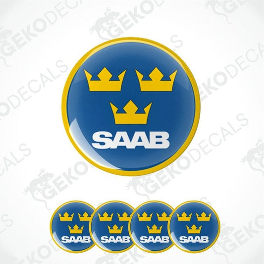 A set of four blue and yellow car decals with the SAAB brand logo and crowns.