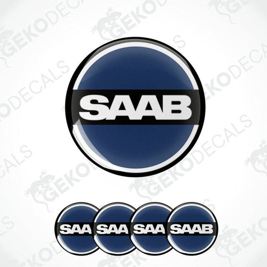 A set of four blue vinyl decals with the SAAB logo, three are domed stickers and one is a larger decal for a car's wheel cap.