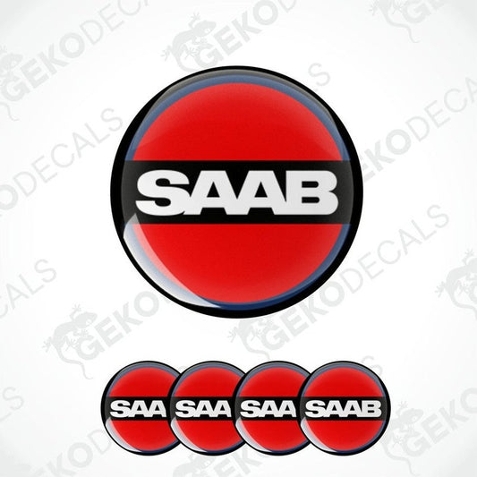 A set of four vinyl decals with polyurethane coating featuring the SAAB logo in red, white, and black colors.