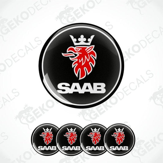 A set of four black vinyl stickers with a red and white 'SAAB' logo design.
