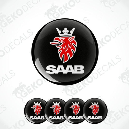A set of four black vinyl stickers with a red and white 'SAAB' logo design.