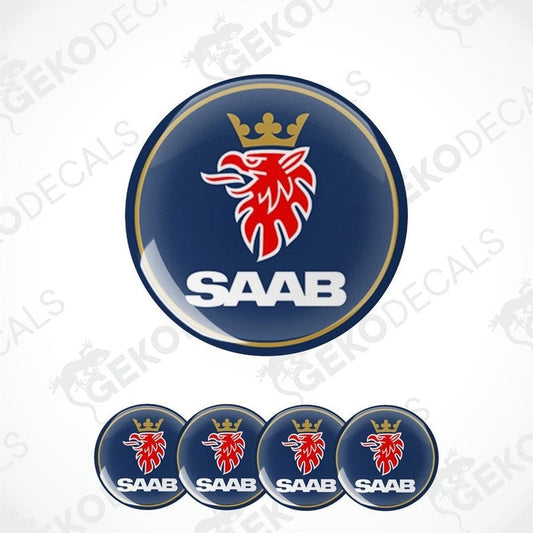 A set of round vehicle decals featuring the SAAB  logo in blue, white, and red colors.