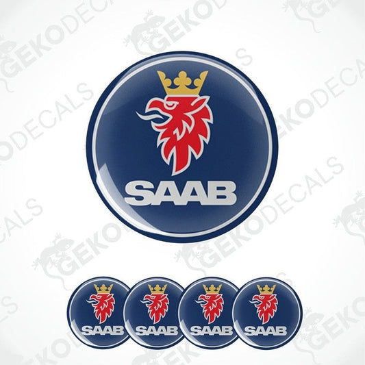 A set of four blue, red, and white car decals featuring the SAAB logo.