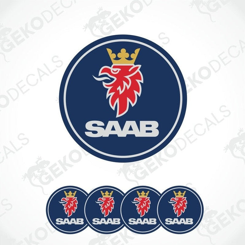 A set of four blue, red, and white car decals featuring the SAAB logo.