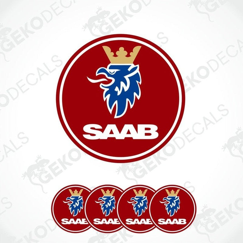 A set of four red, blue, and white car decals featuring the SAAB logo.