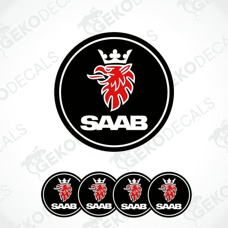 A set of four black vinyl stickers with a red and white 'SAAB' logo design.