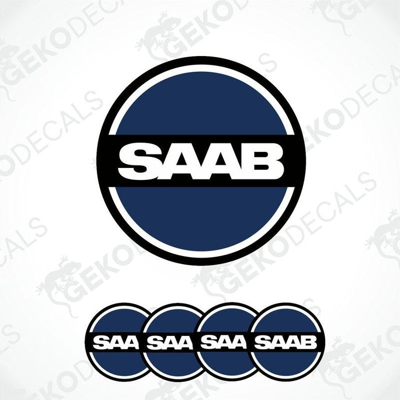 A set of four blue vinyl decals with the SAAB logo, three are domed stickers and one is a larger decal for a car's wheel cap.