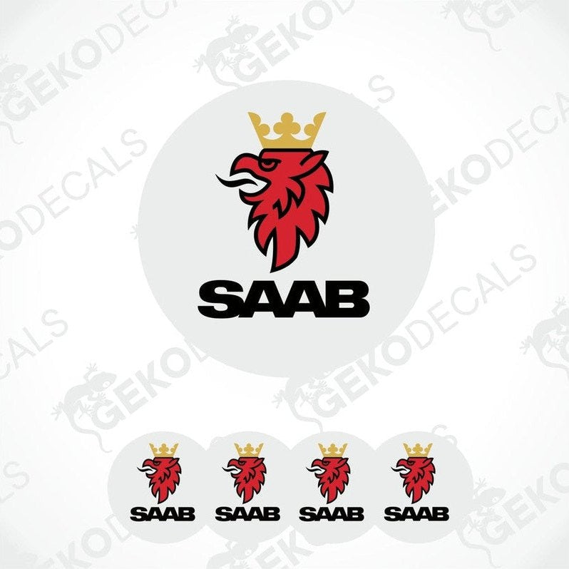 A set of four WHITE vinyl stickers with a red and BLACK 'SAAB' logo design.