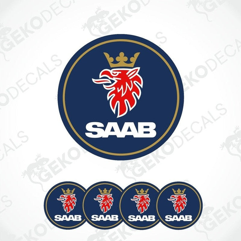 A set of round vehicle decals featuring the SAAB  logo in blue, white, and red colors.