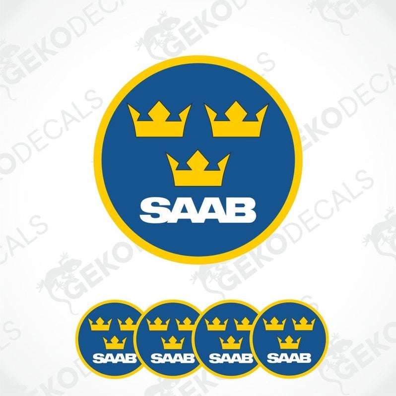 A set of four blue and yellow car decals with the SAAB brand logo and crowns.