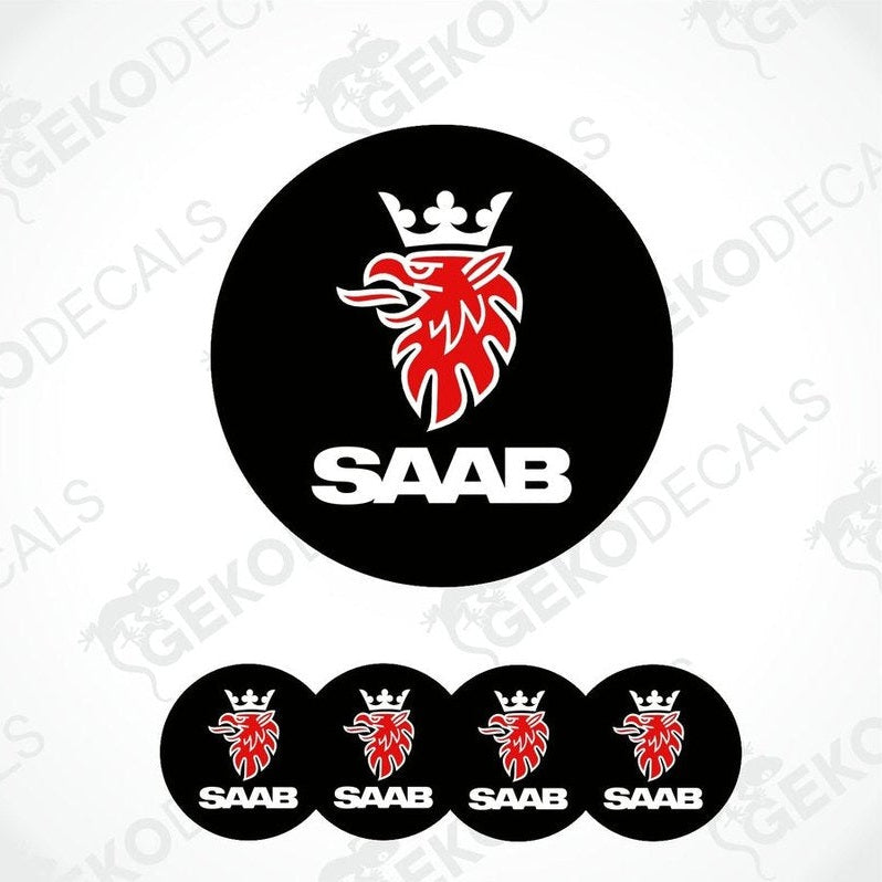 A set of four black vinyl stickers with a red and white 'SAAB' logo design.