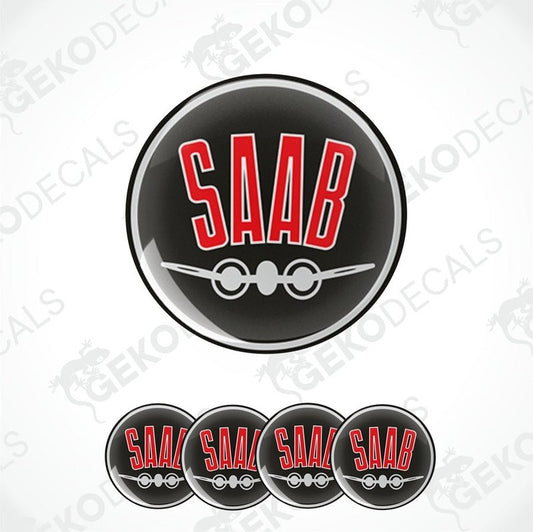 A set of four black vinyl stickers with the word 'SAAB' and an airplane graphic in red and white.
