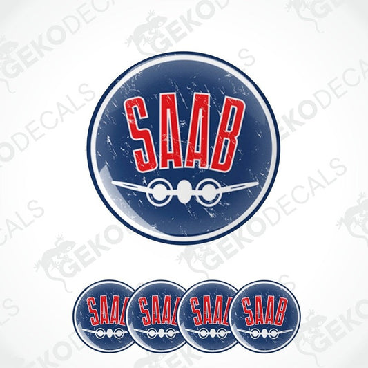A set of round car decals with the SAAB brand logo in red, white, and blue colors.