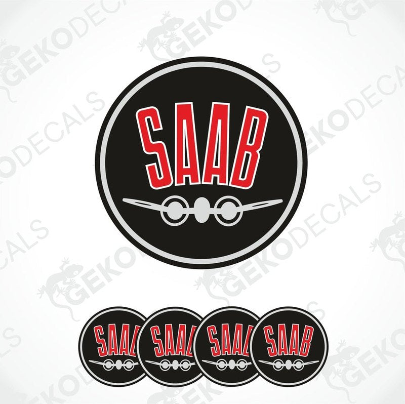 A set of four black vinyl stickers with the word 'SAAB' and an airplane graphic in red and white.