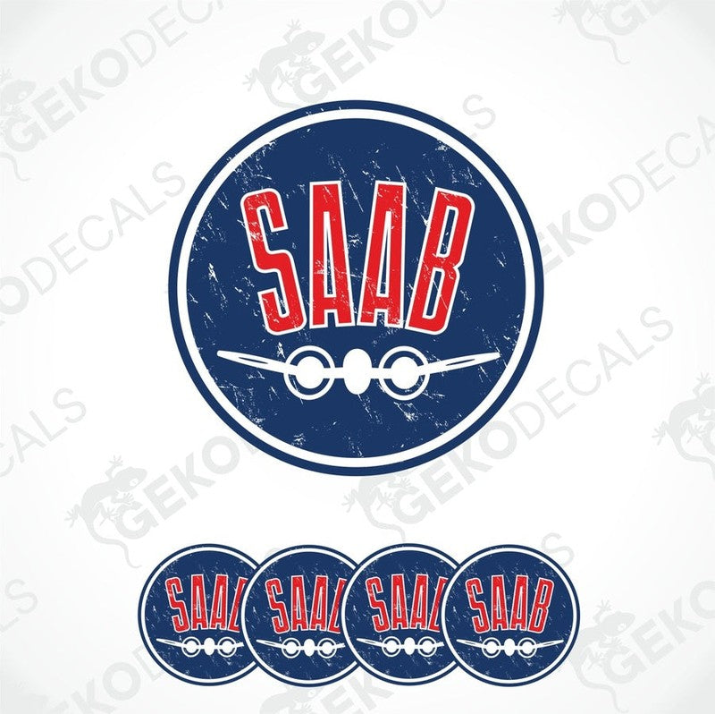 A set of round car decals with the SAAB brand logo in red, white, and blue colors.