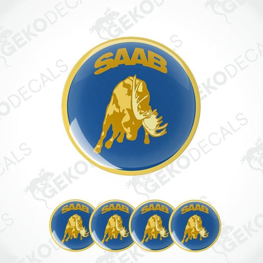 A set of blue and yellow vinyl stickers featuring a moose and the text "SAAB". The main sticker is round with a light brown and brown moose silhouette on a blue background.