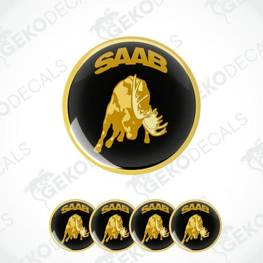 A set of black and yellow vinyl stickers featuring a moose and the text "SAAB". 