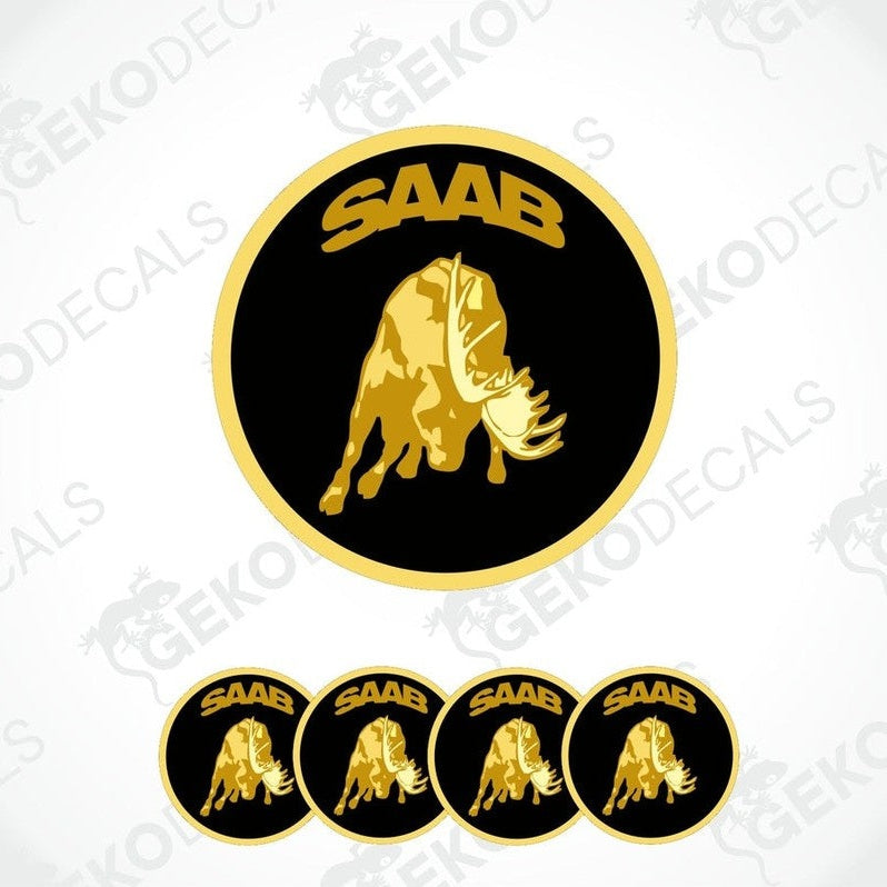 A set of black and yellow vinyl stickers featuring a moose and the text "SAAB". The main sticker is round with a light brown and brown moose silhouette on a blue background.