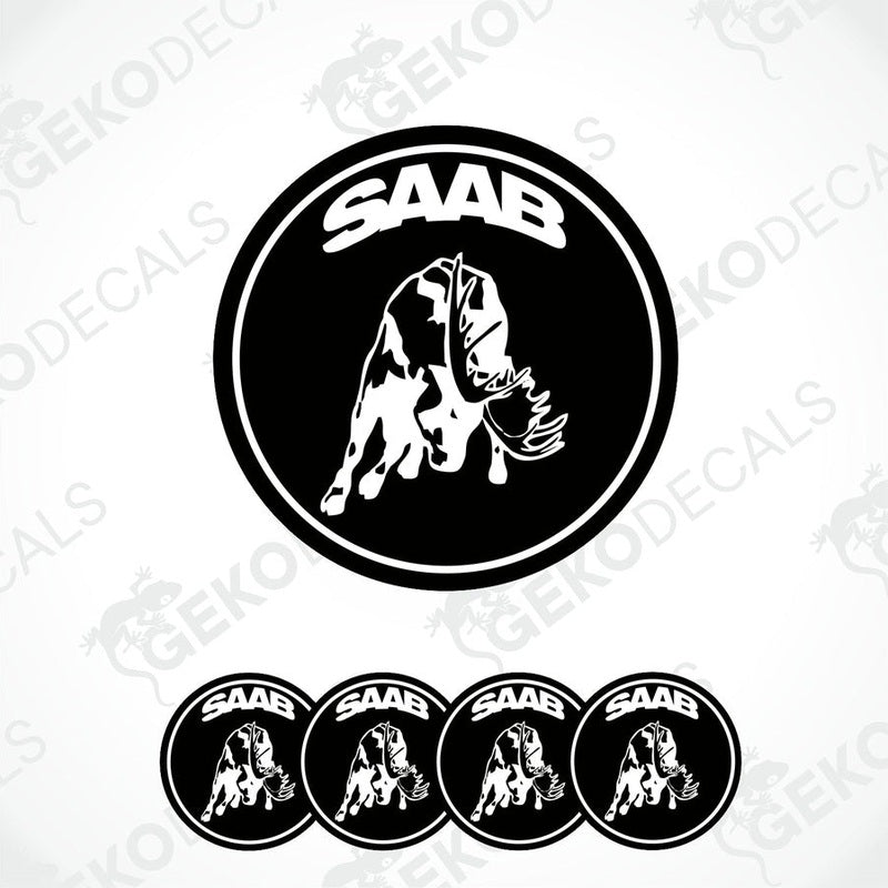 A set of black and white vinyl decals featuring a moose and the text 'SAAB'. 