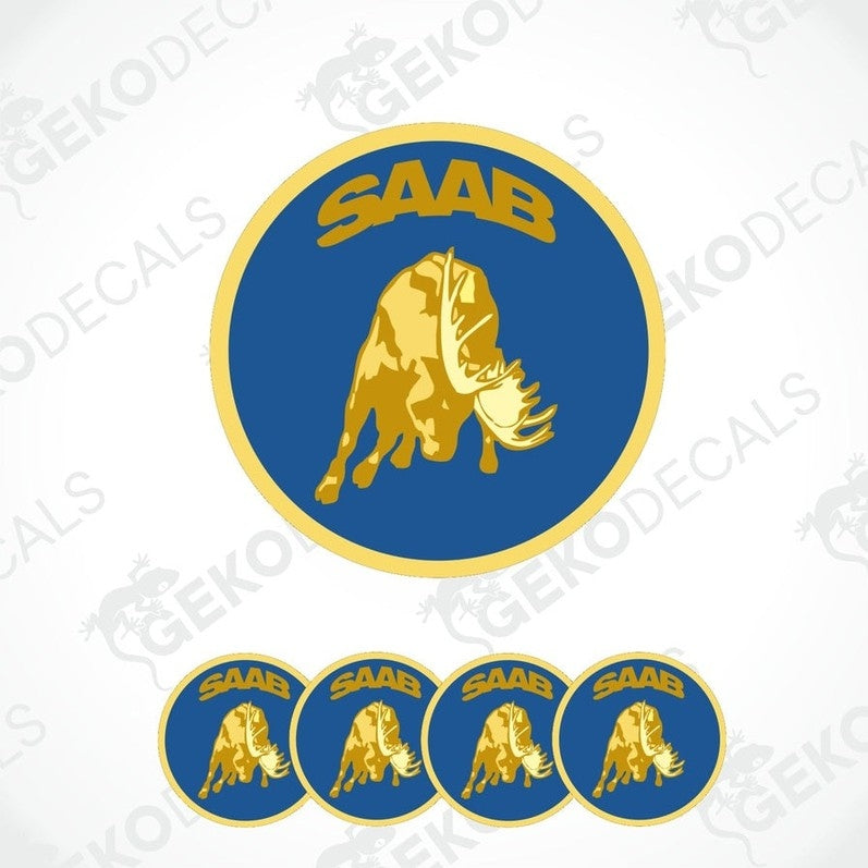 A set of blue and yellow vinyl stickers featuring a moose and the text "SAAB". The main sticker is round with a light brown and brown moose silhouette on a blue background.
