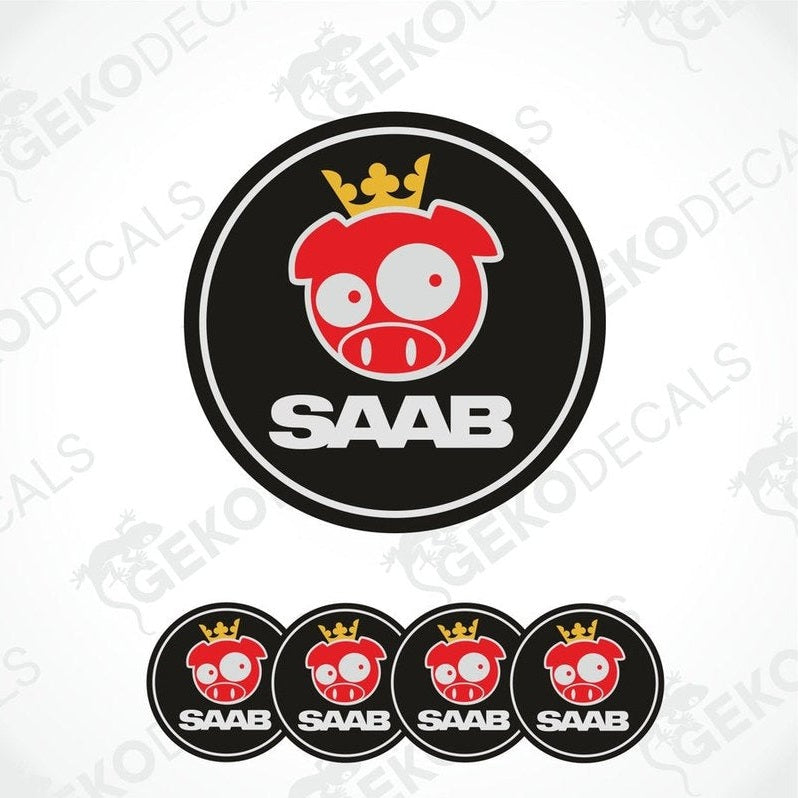 A set of four vinyl decals with a polyurethane coating, featuring a red and black pig design with the SAAB brand logo, intended for use on car wheel caps.