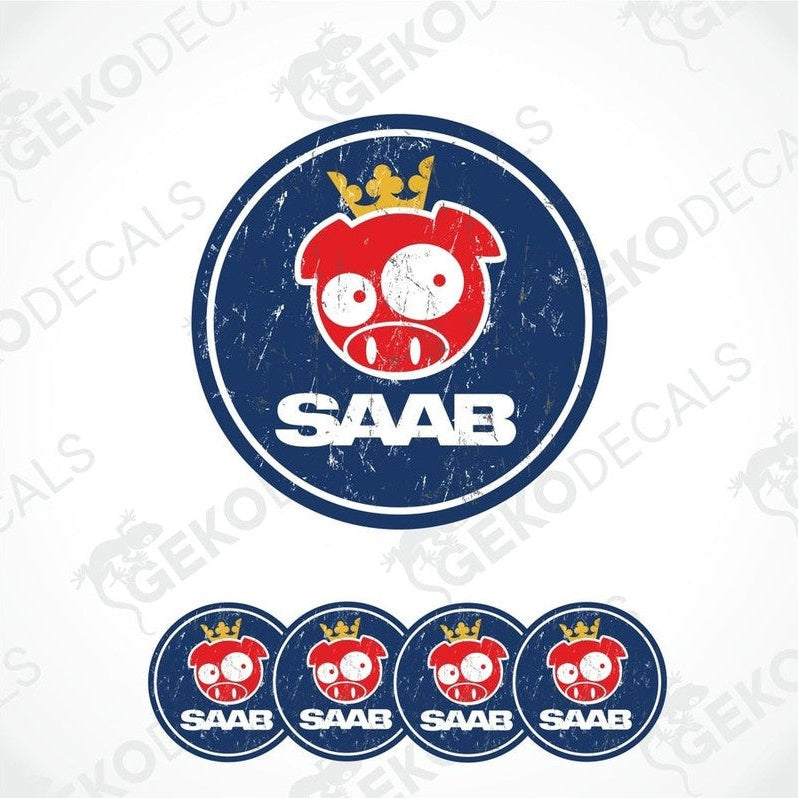 A set of round vehicle decals featuring a cartoon pig character with a crown and the SAAB car brand name.