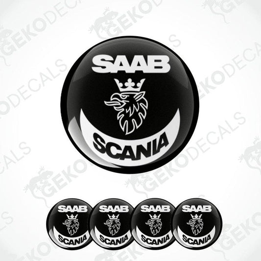 A set of black and white vinyl decals with the SAAB SCANIA logo, including one large decal and four smaller ones.
