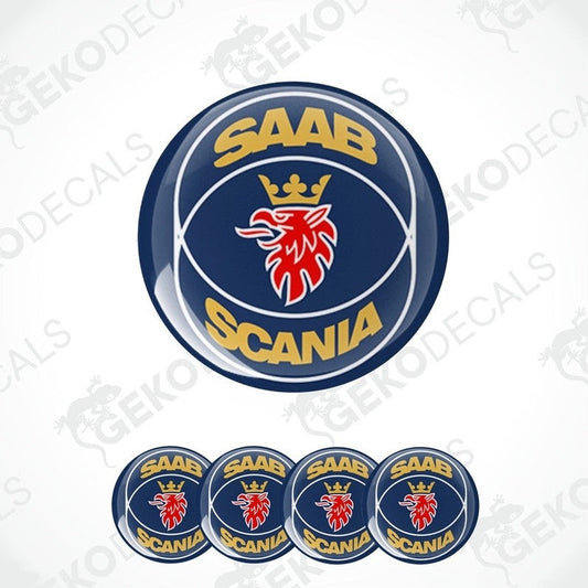 A set of four blue vinyl stickers with the text 'SAAB SCANIA' 