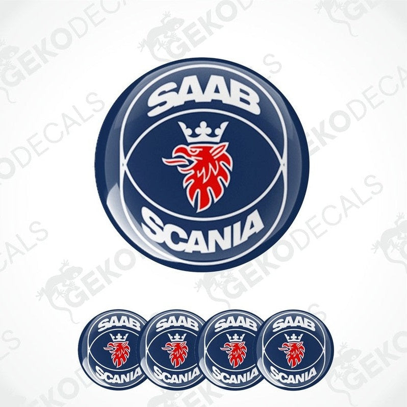 A set of round vehicle decals featuring the SAAB Scania logo in blue, white, and red colors.