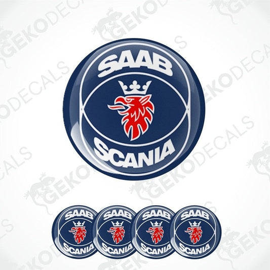 A set of round vehicle decals featuring the SAAB Scania logo in blue, white, and red colors.