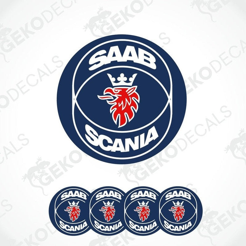 A set of round vehicle decals featuring the SAAB Scania logo in blue, white, and red colors.