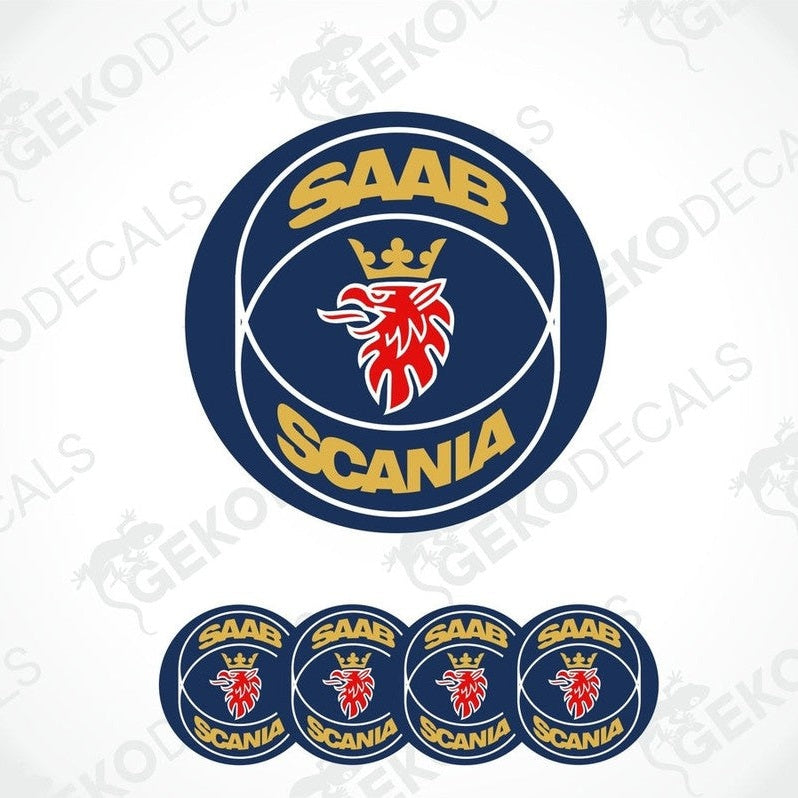 A set of four blue vinyl stickers with the text 'SAAB SCANIA' 