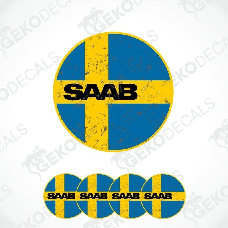 A set of four round car decals with a yellow and blue design, featuring the text 'SAAB' and the flag of Sweden.