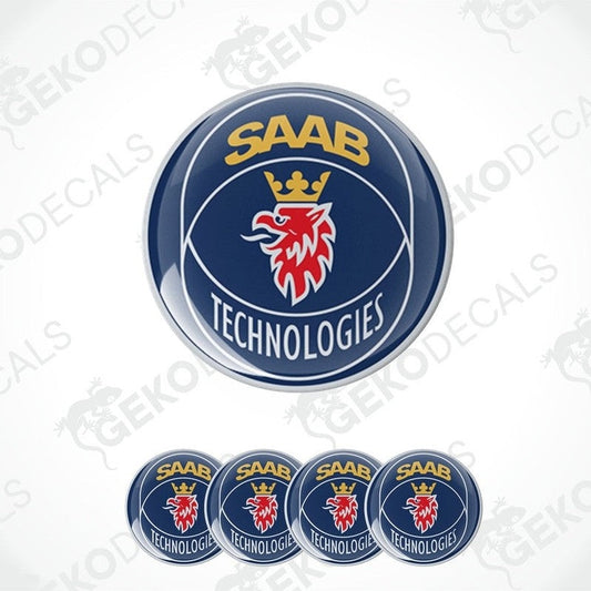 A set of four blue vinyl stickers with the text 'SAAB TECHNOLOGIES' 