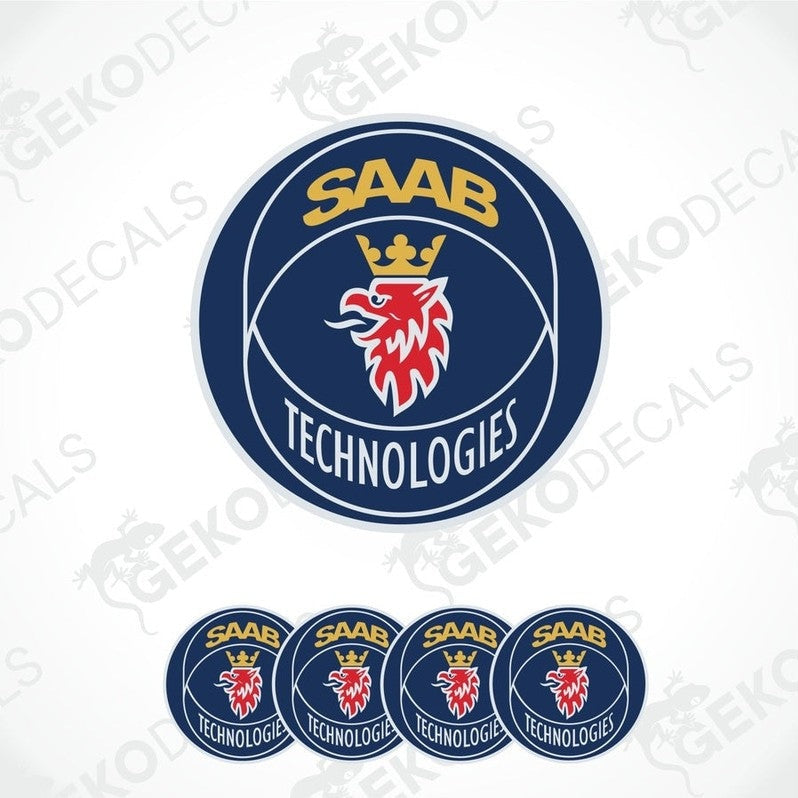 A set of four blue vinyl stickers with the text 'SAAB TECHNOLOGIES' 