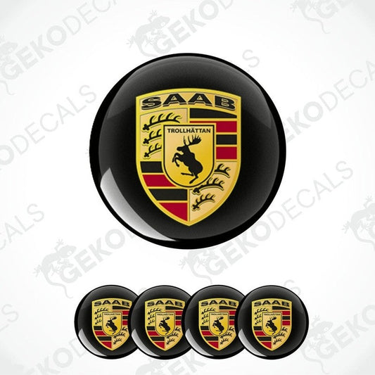 A set of four vinyl decals with polyurethane coating featuring the SAAB Trollhättan logo.