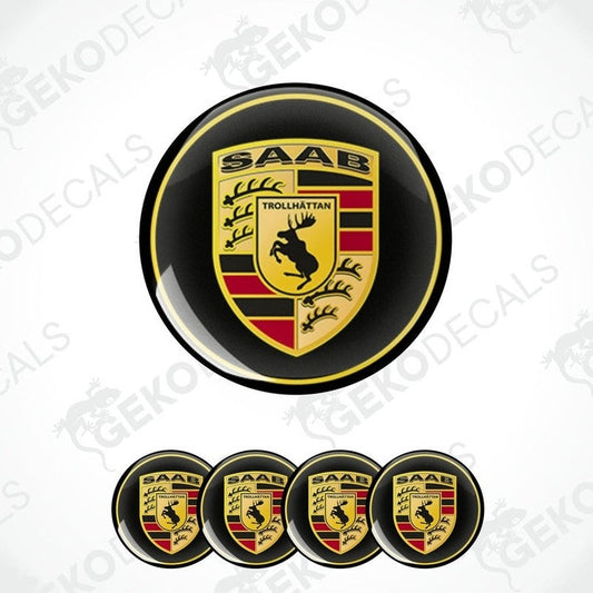 A set of four vinyl decals with polyurethane coating featuring the SAAB Trollhättan logo.