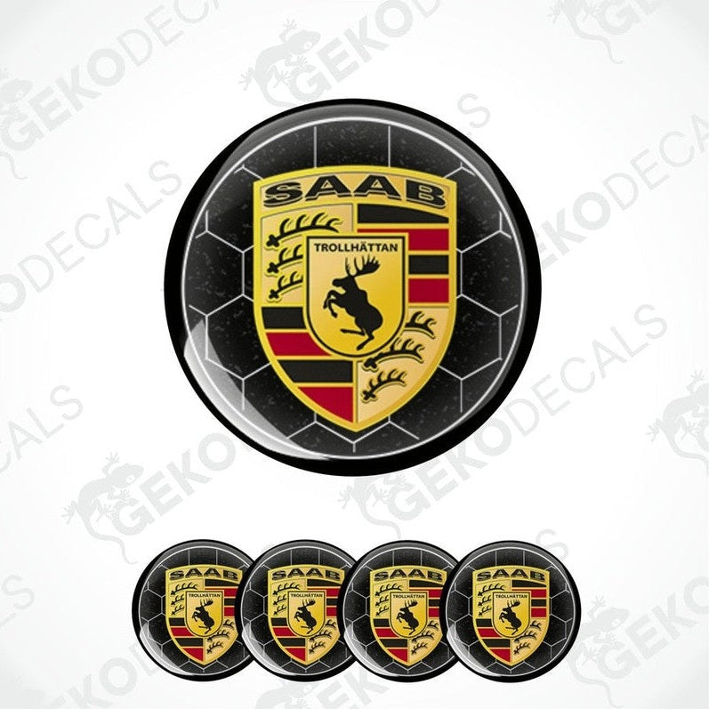 A set of four black, red, and yellow vinyl stickers with a geometric design, featuring the text 'SAAB' and the logo 'Trollhättan'.