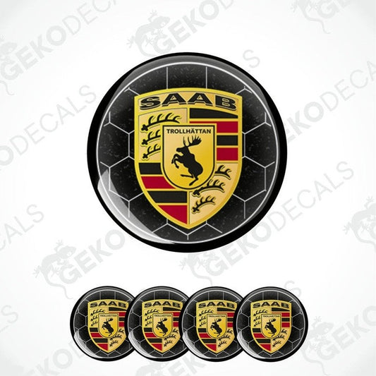 A set of four black, red, and yellow vinyl stickers with a geometric design, featuring the text 'SAAB' and the logo 'Trollhättan'.