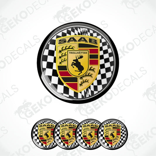 A set of round car decals featuring the SAAB Trollhättan logo with a black, red, and yellow color scheme and a checkered pattern.
