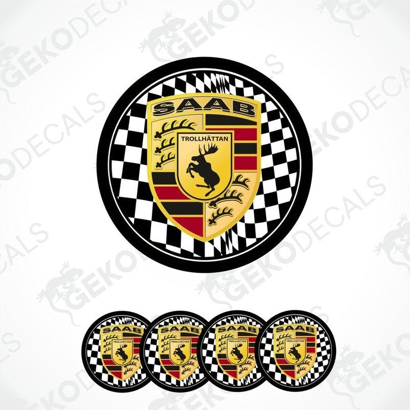 A set of round car decals featuring the SAAB Trollhättan logo with a black, red, and yellow color scheme and a checkered pattern.