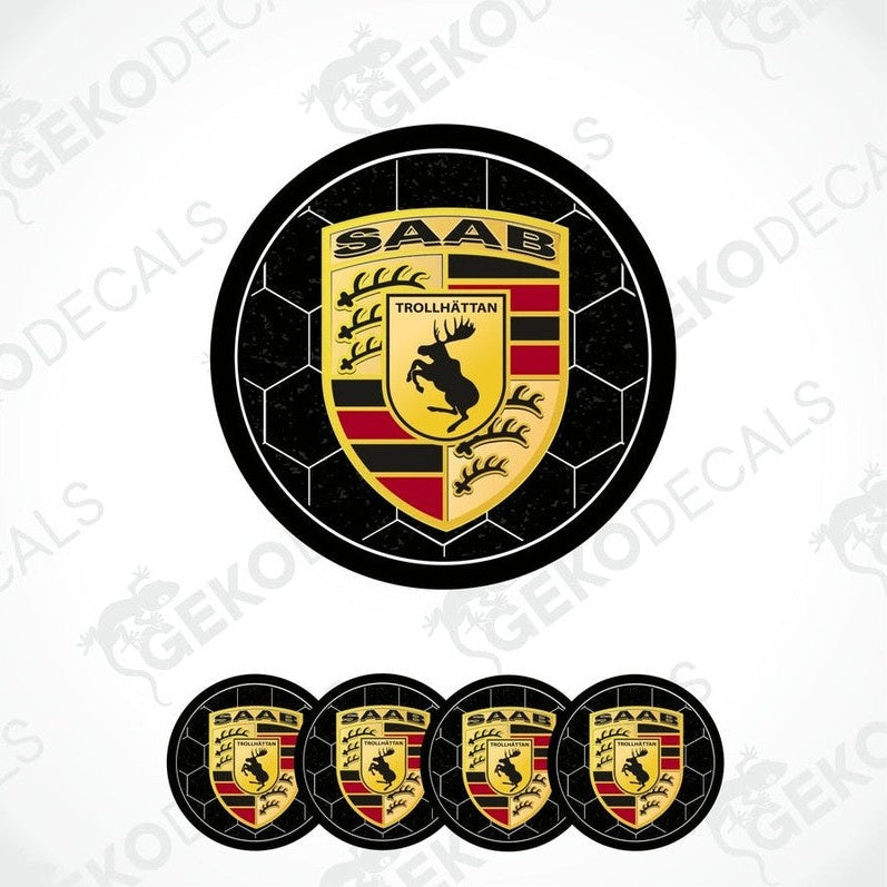 A set of four black, red, and yellow vinyl stickers with a geometric design, featuring the text 'SAAB' and the logo 'Trollhättan'.