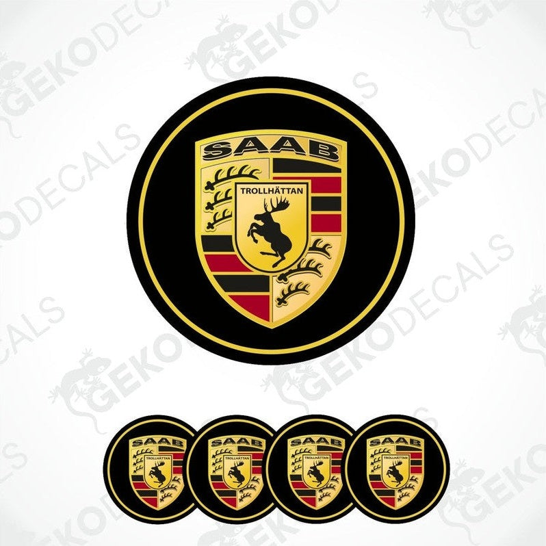 A set of four vinyl decals with polyurethane coating featuring the SAAB Trollhättan logo.